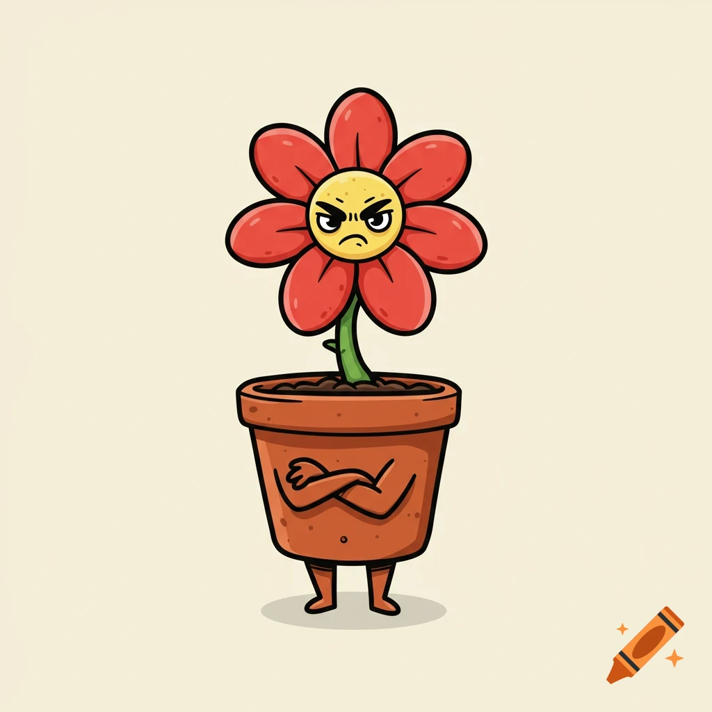 A grumpy cartoon flower in a pot with arms crossed.