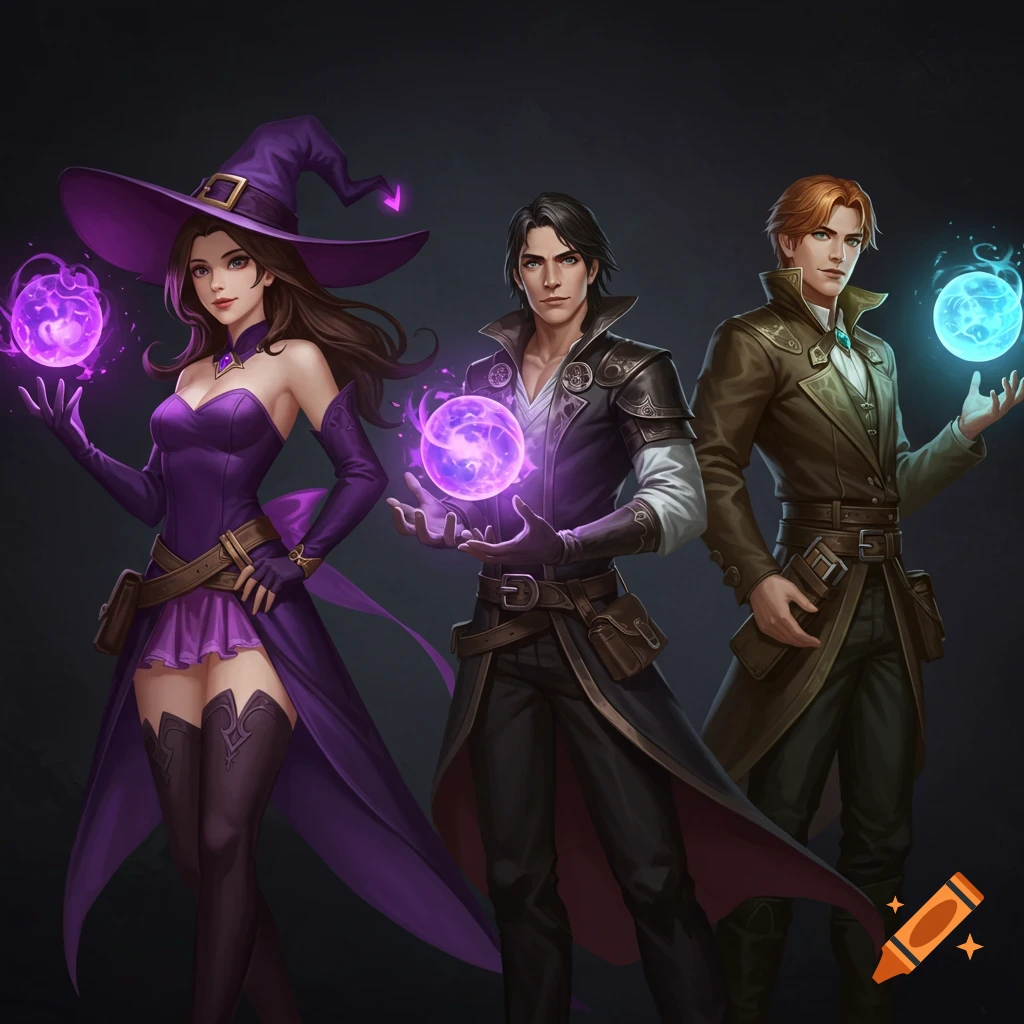 Three fantasy characters, including a witch, holding glowing magical orbs. Digital illustration.
