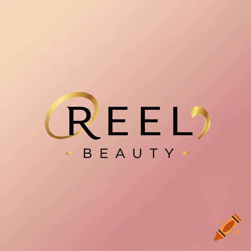 A gold logo for REEL BEAUTY on a pink background.