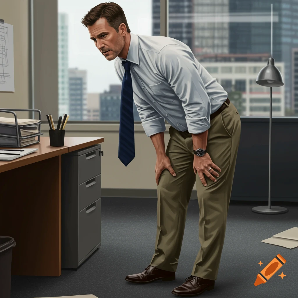 A man bending over in an office.