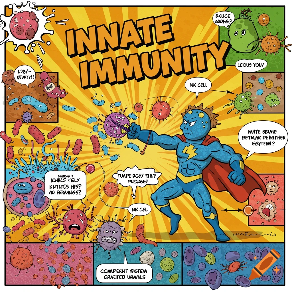 Comic book poster illustrating innate immunity, featuring a superhero cell fighting microbes.
