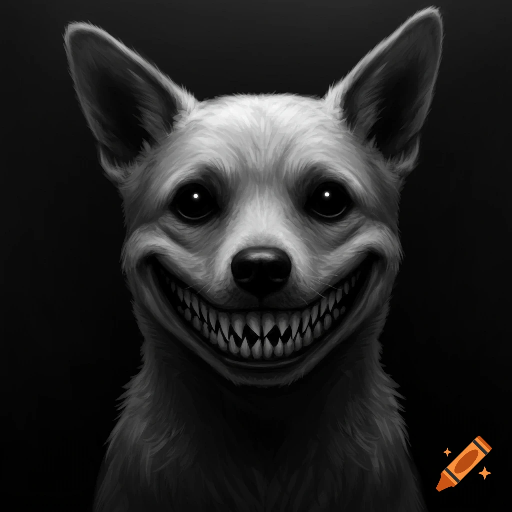 A black and white image of a creepy dog with a wide, unnatural grin showing sharp teeth.