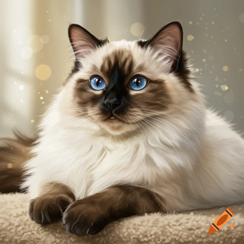 A Birman cat with blue eyes, brown and cream fur, laying down.