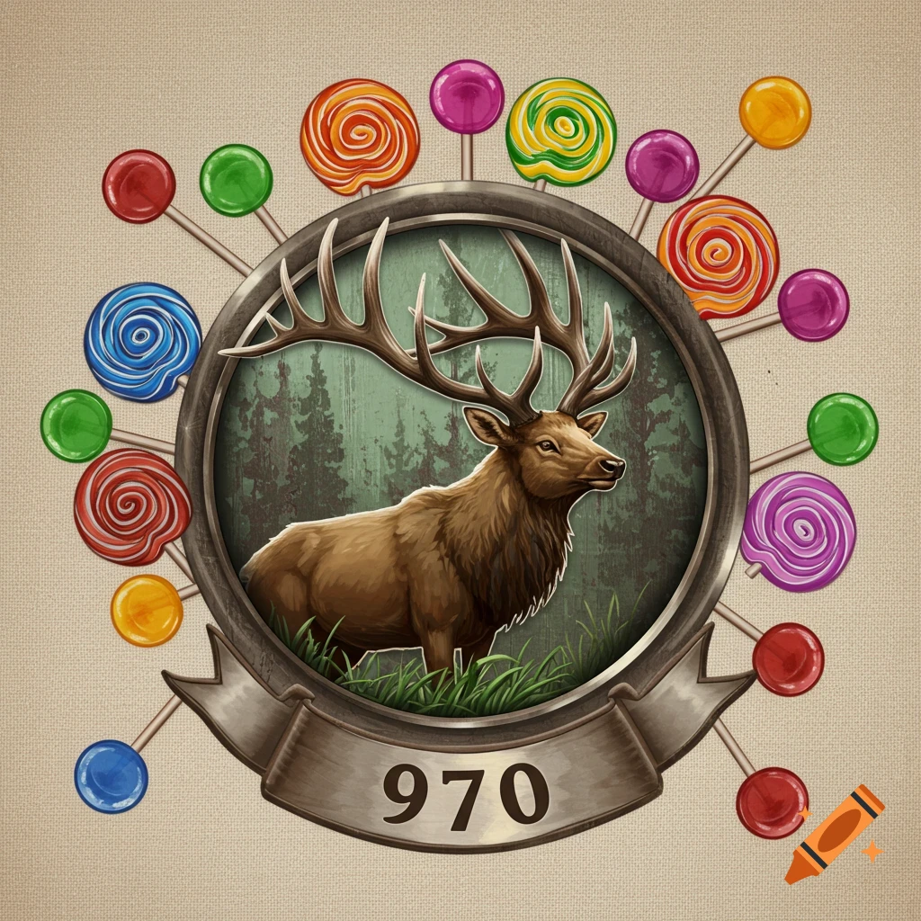 An elk in a circular frame surrounded by colorful lollipops, with the number 970 on a banner below.
