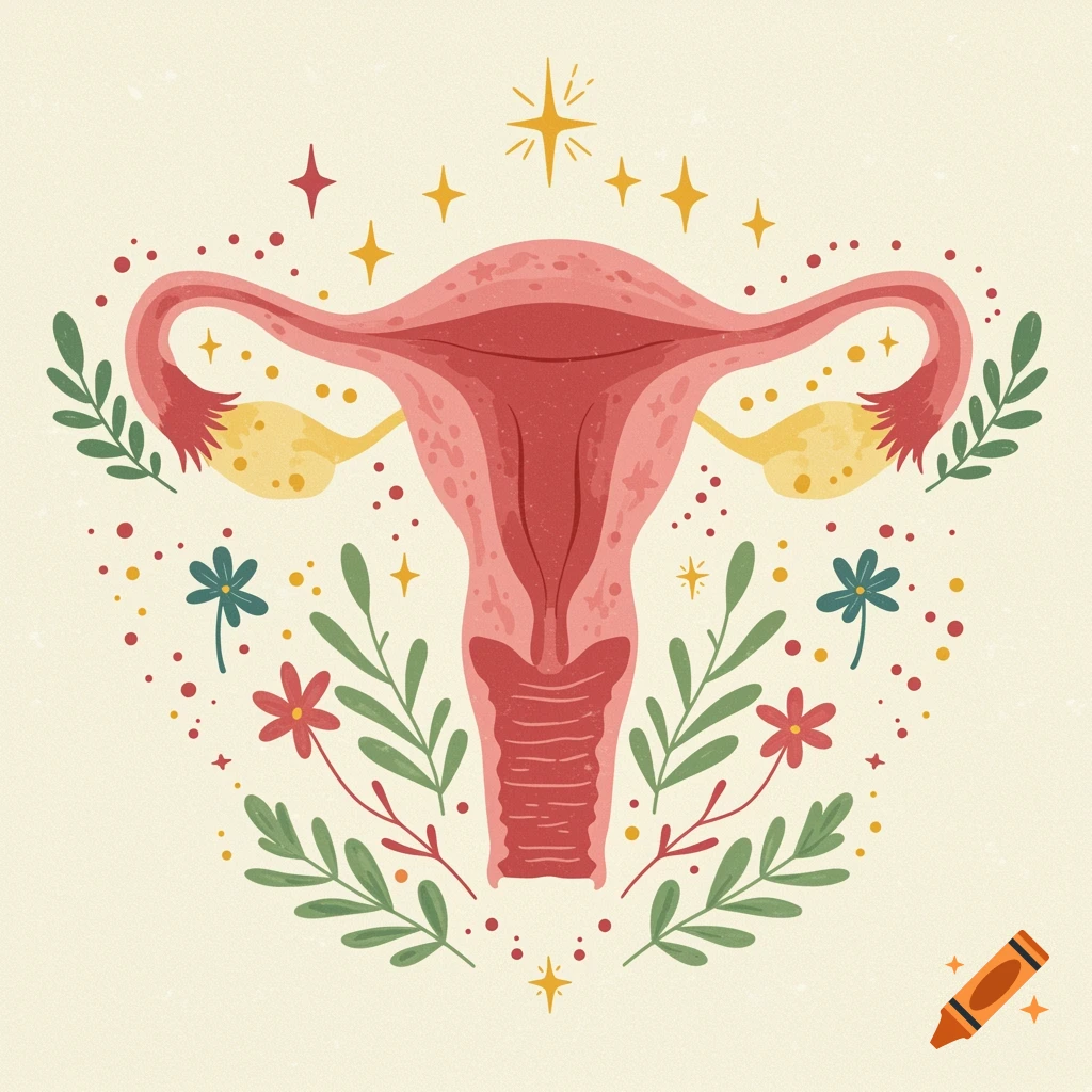 An artistic and whimsical illustration of a uterus surrounded by flowers, leaves, stars, and dots.