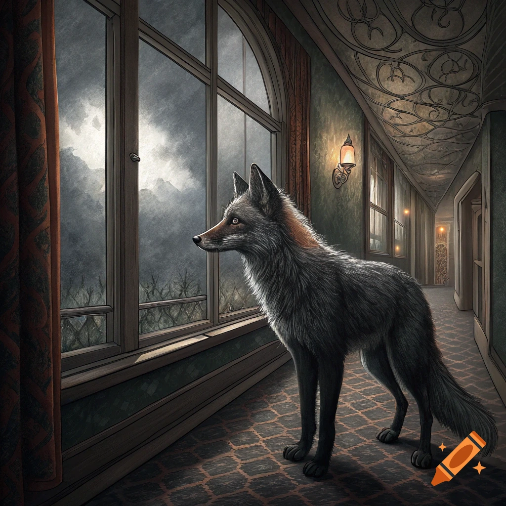 Illustration of a fox looking out a window in an ornate hotel hallway during a storm.