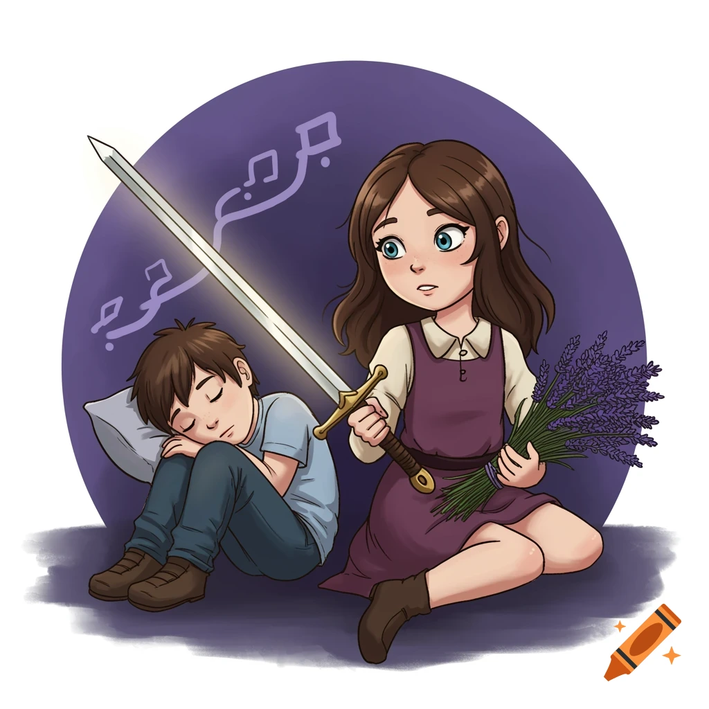 Cartoon girl with sword and lavender sits by sleeping boy against purple background with symbols.