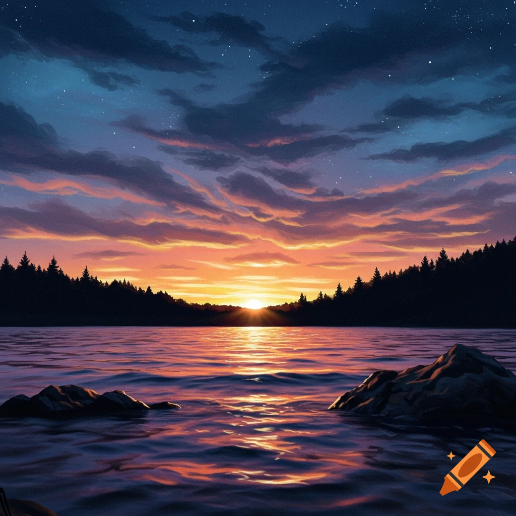 A vibrant sunset over a lake with silhouetted trees and rocks.