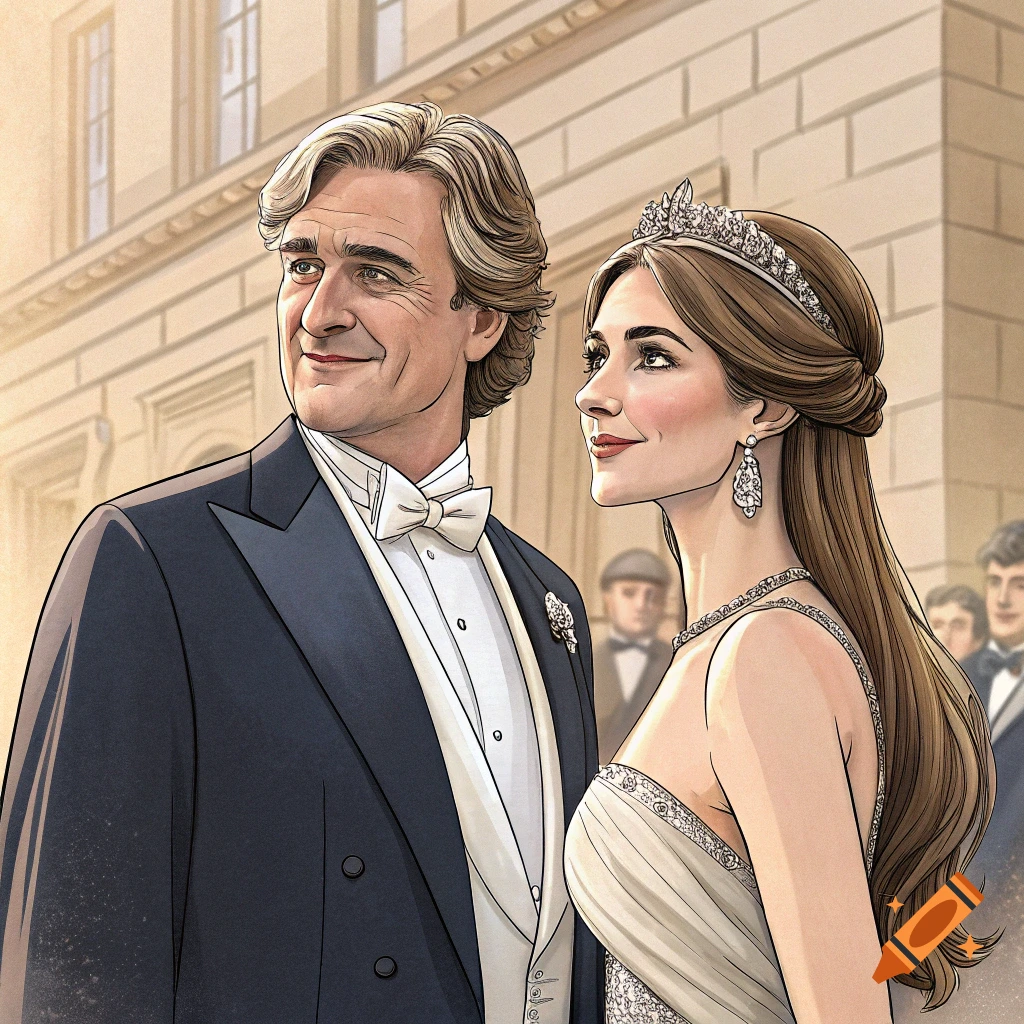 Illustration of a man in a tuxedo and a woman in a dress and tiara at a formal event.