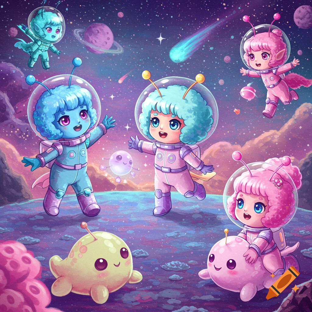 Whimsical image of cute cartoon aliens in space suits on an alien planet.