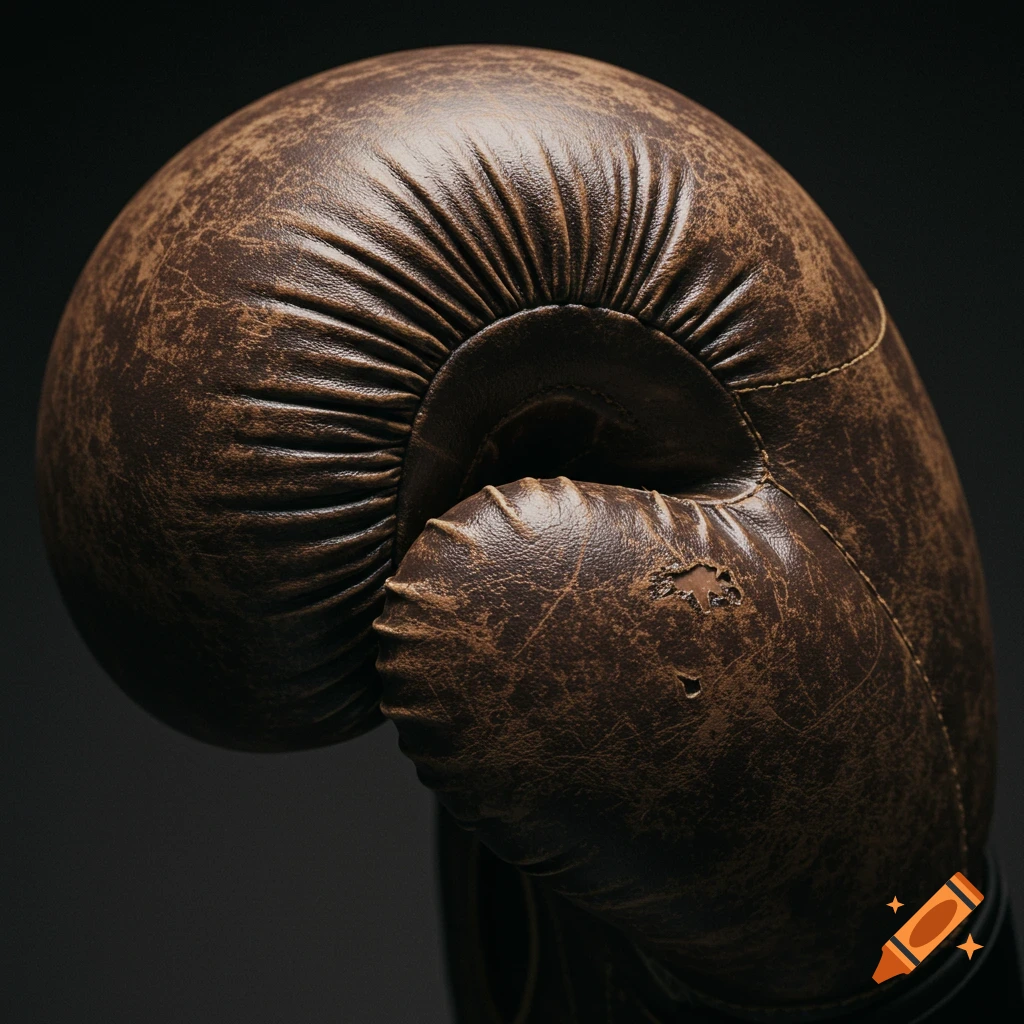 Close-up of a weathered brown leather boxing glove.
