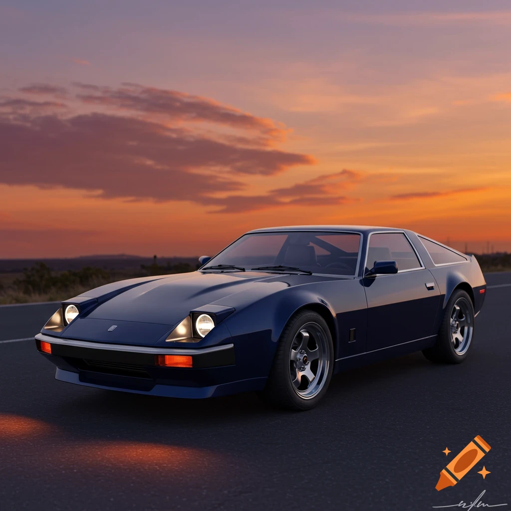 A dark blue sports car drives on a road at sunset.