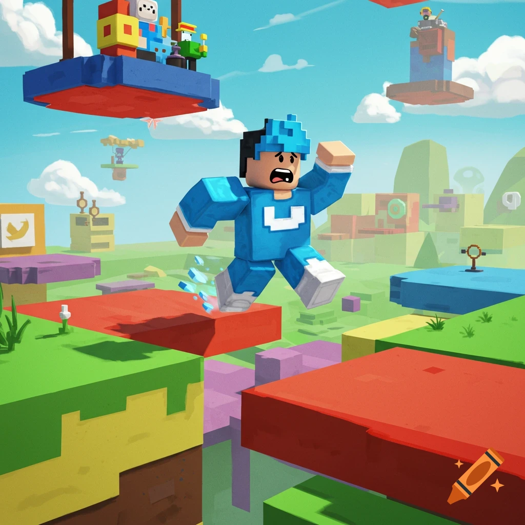 Blocky character running on colorful platforms in a voxel art video game world.
