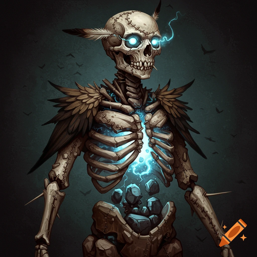 A stitched-together skeleton creature with feathers, stone, and glowing blue energy.