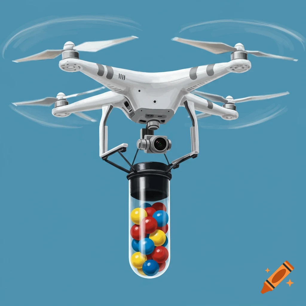 A white drone carrying a clear test tube filled with colorful balls against a blue sky.