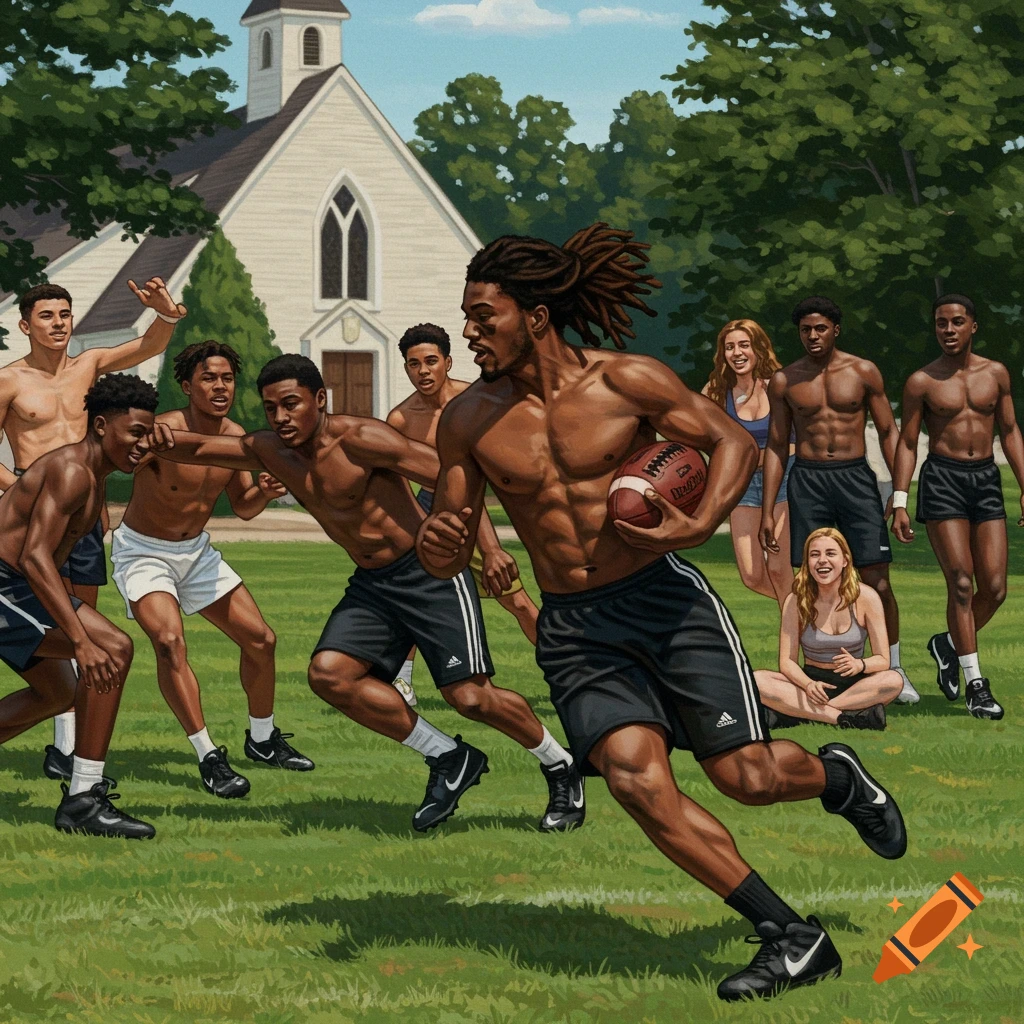 Teenage boys are playing backyard football near a church, with girls watching.