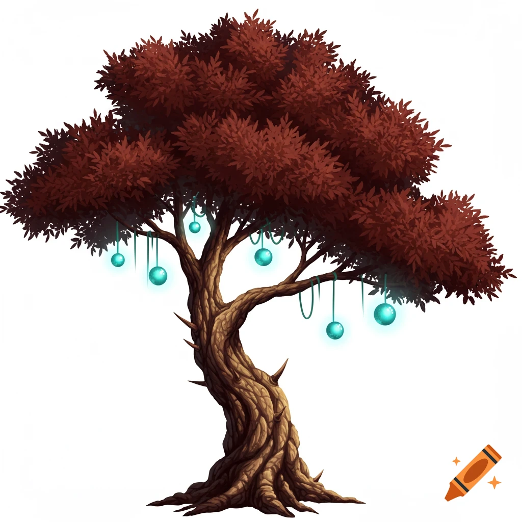 A solitary alien tree with a twisted trunk, reddish leaves, and glowing cyan orbs.