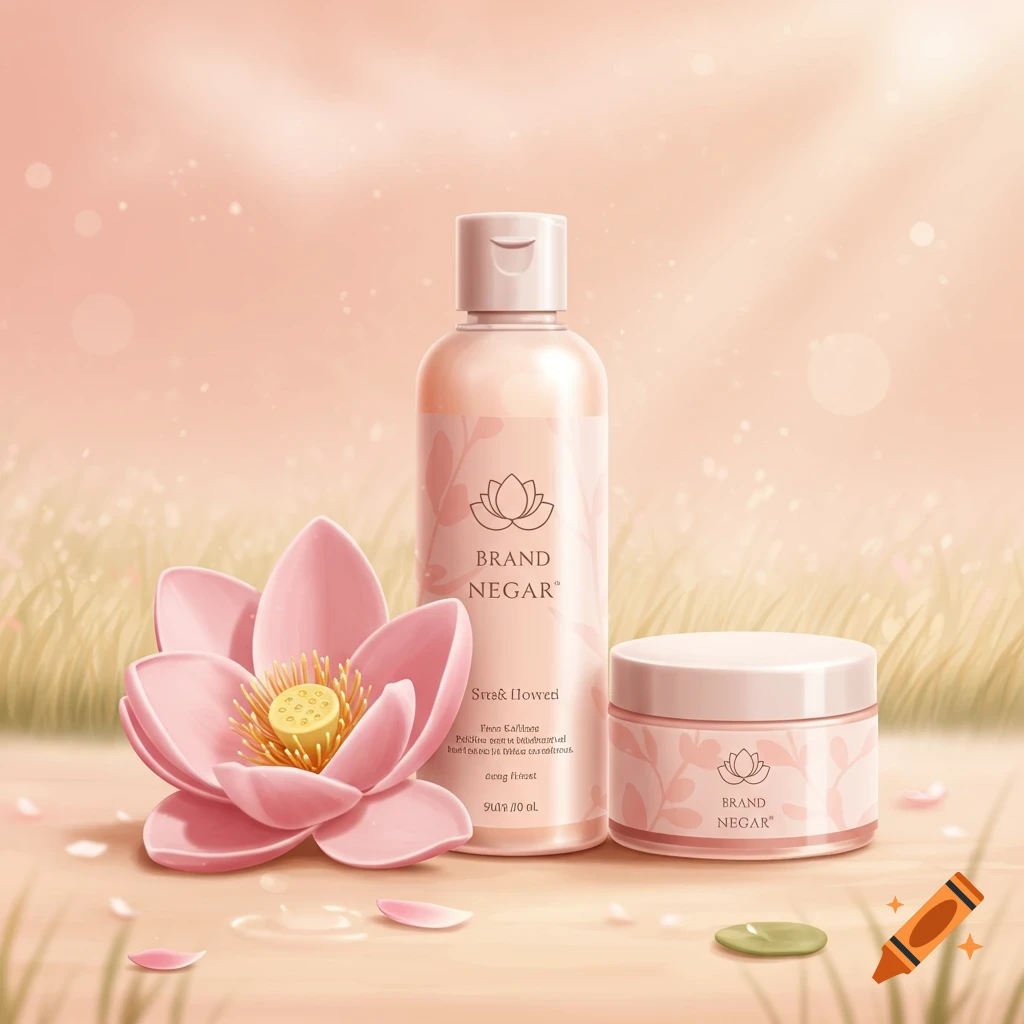Illustration of cosmetic products with a pink lotus flower