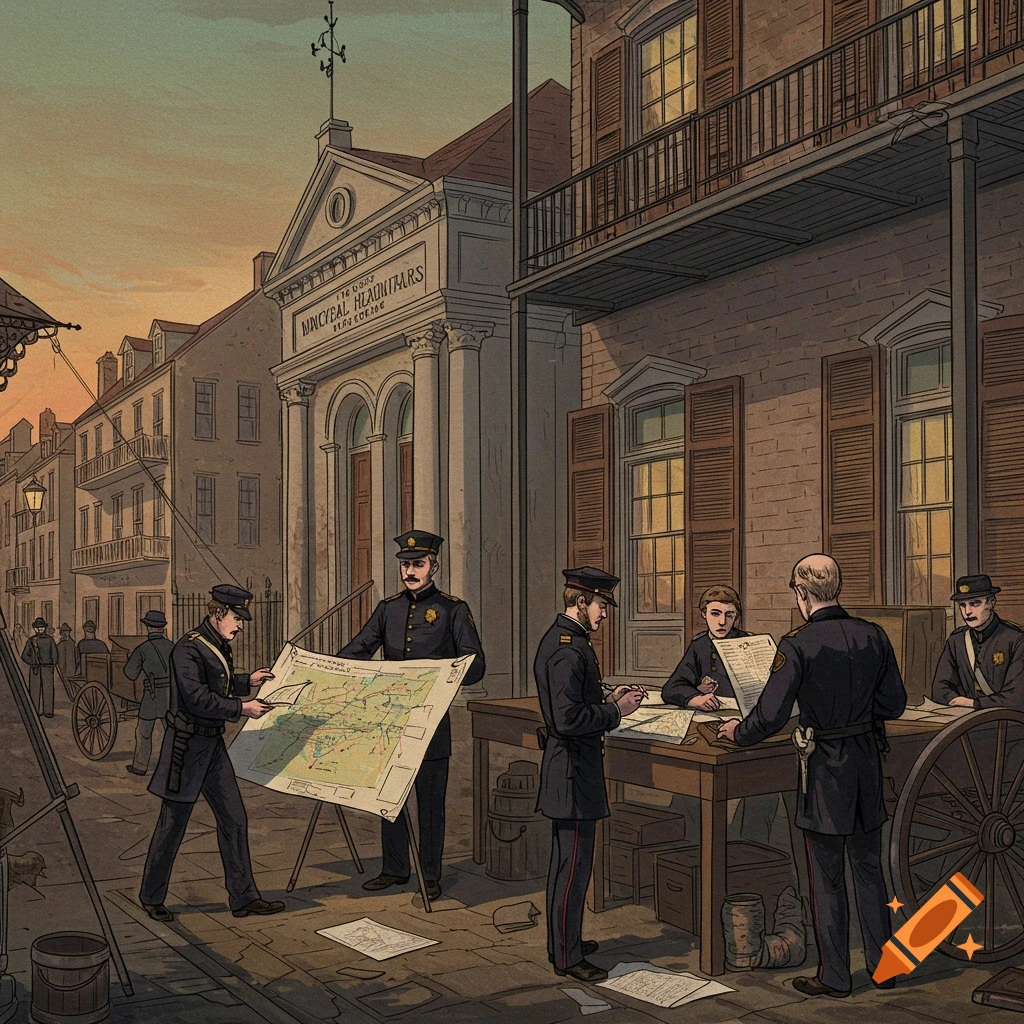 19th-century police officers looking at maps outside a building.