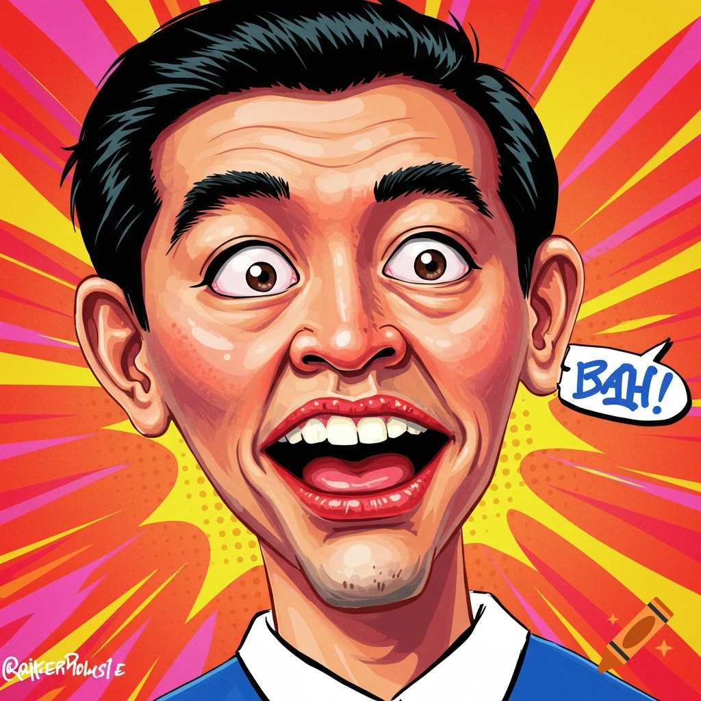 Cartoon caricature of a surprised man saying BAH! in a pop art style.