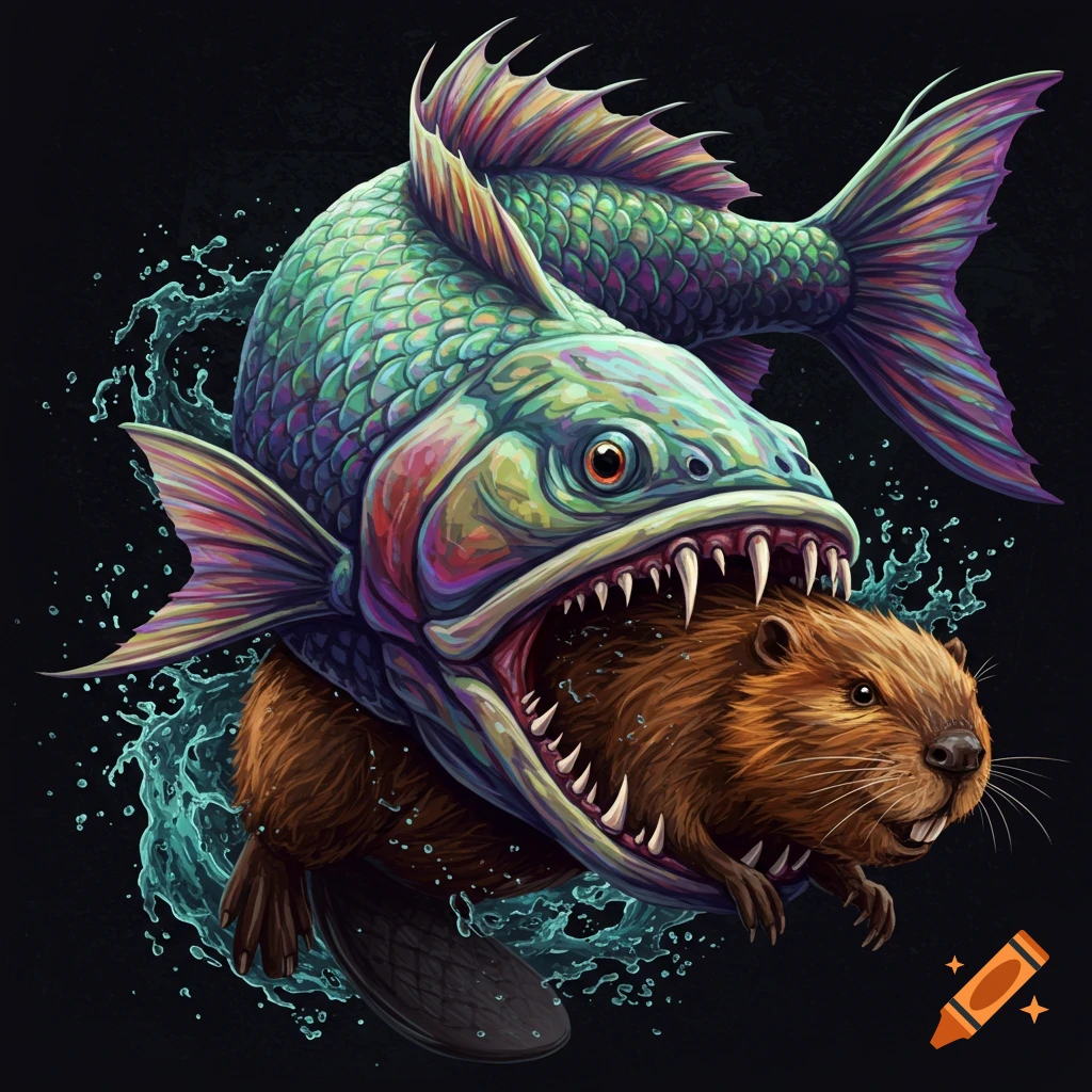 A large colorful fish biting a beaver.