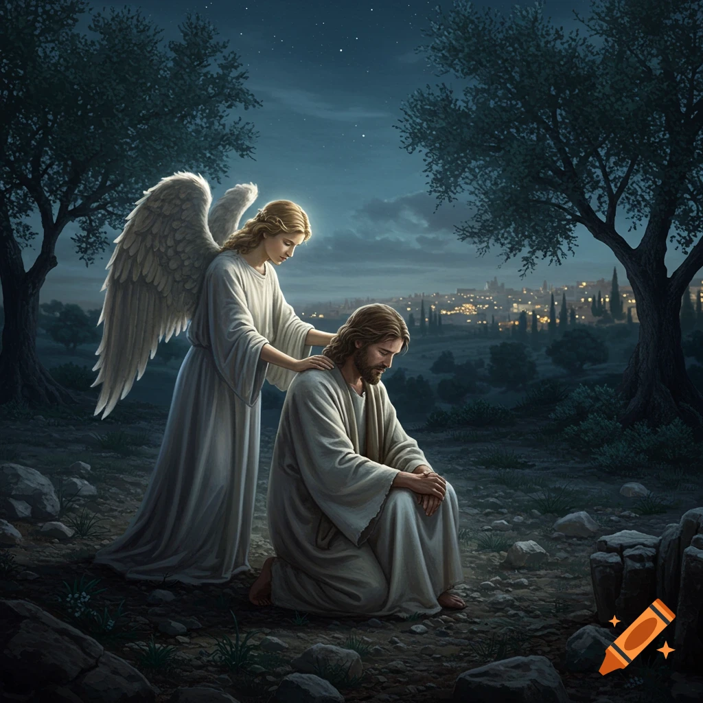 Photorealistic depiction of an angel comforting kneeling Jesus in a garden at night with a city in the background.