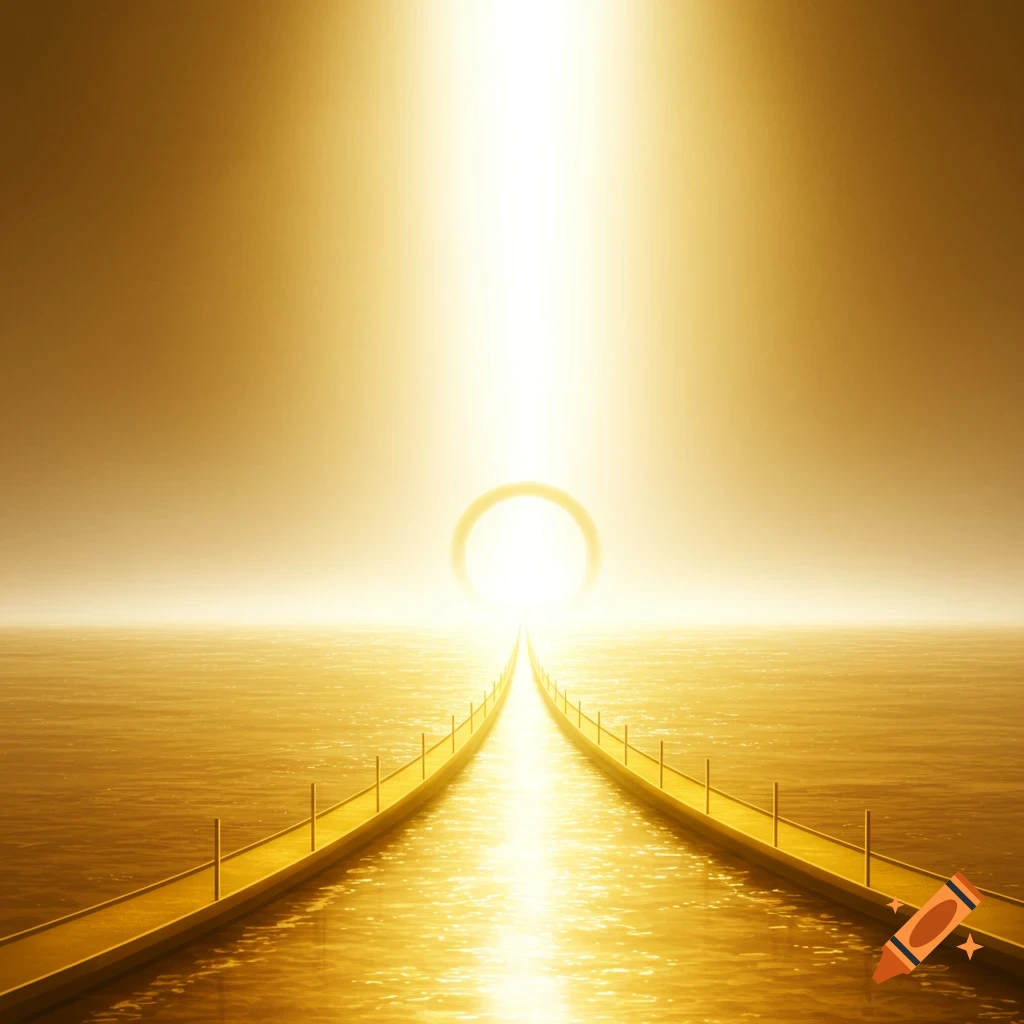 A golden bridge extends over a shimmering golden ocean towards a bright white light on the horizon.