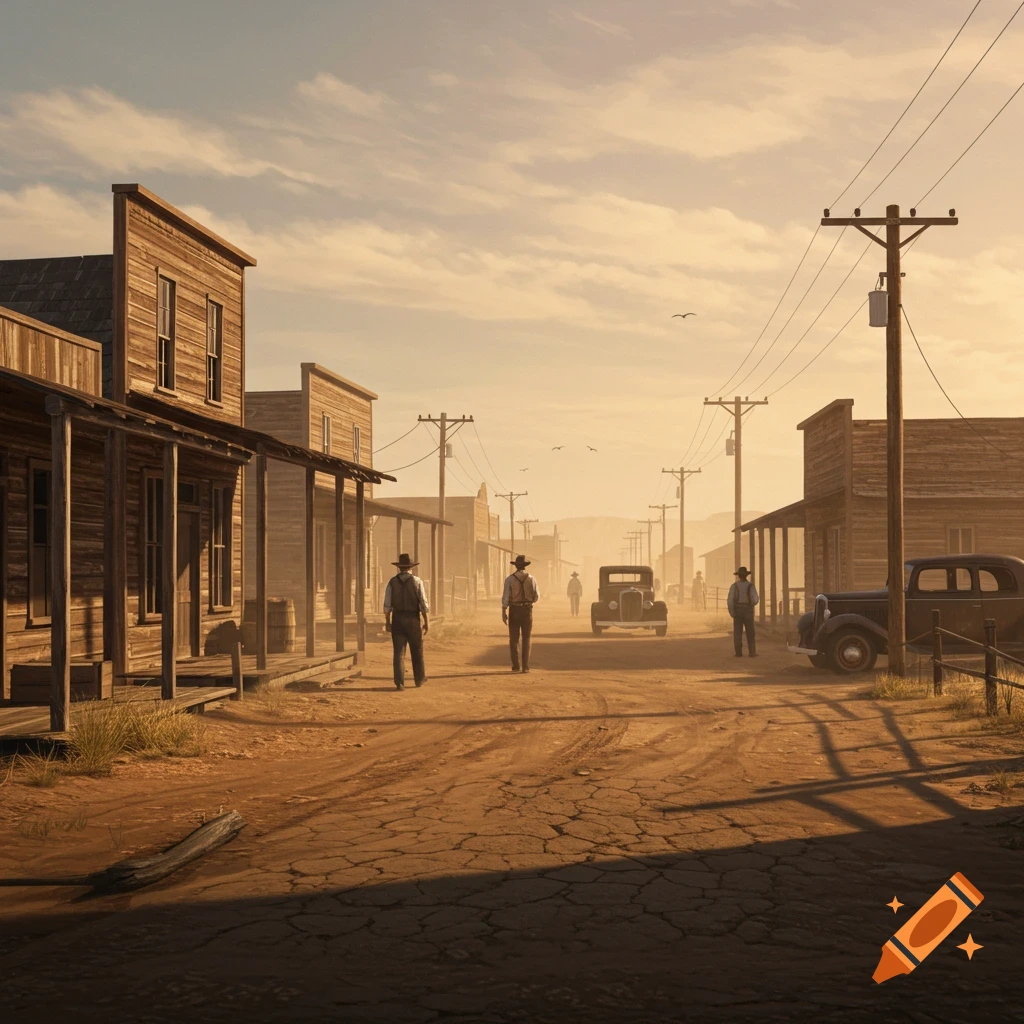 A dusty Western town street with cowboys and old cars at sunset.