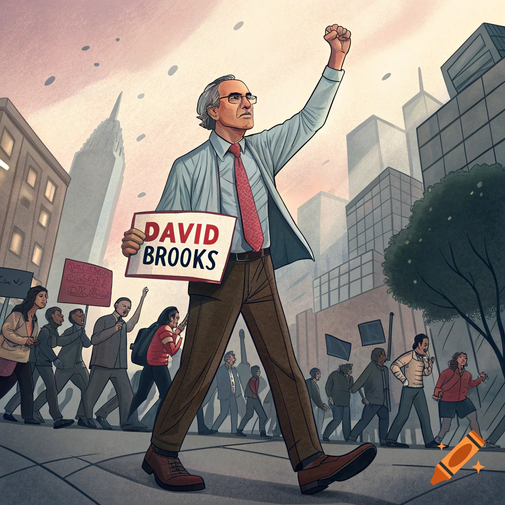 Illustration of David Brooks holding a sign with his name and raising his fist, leading a protest march in a city street.