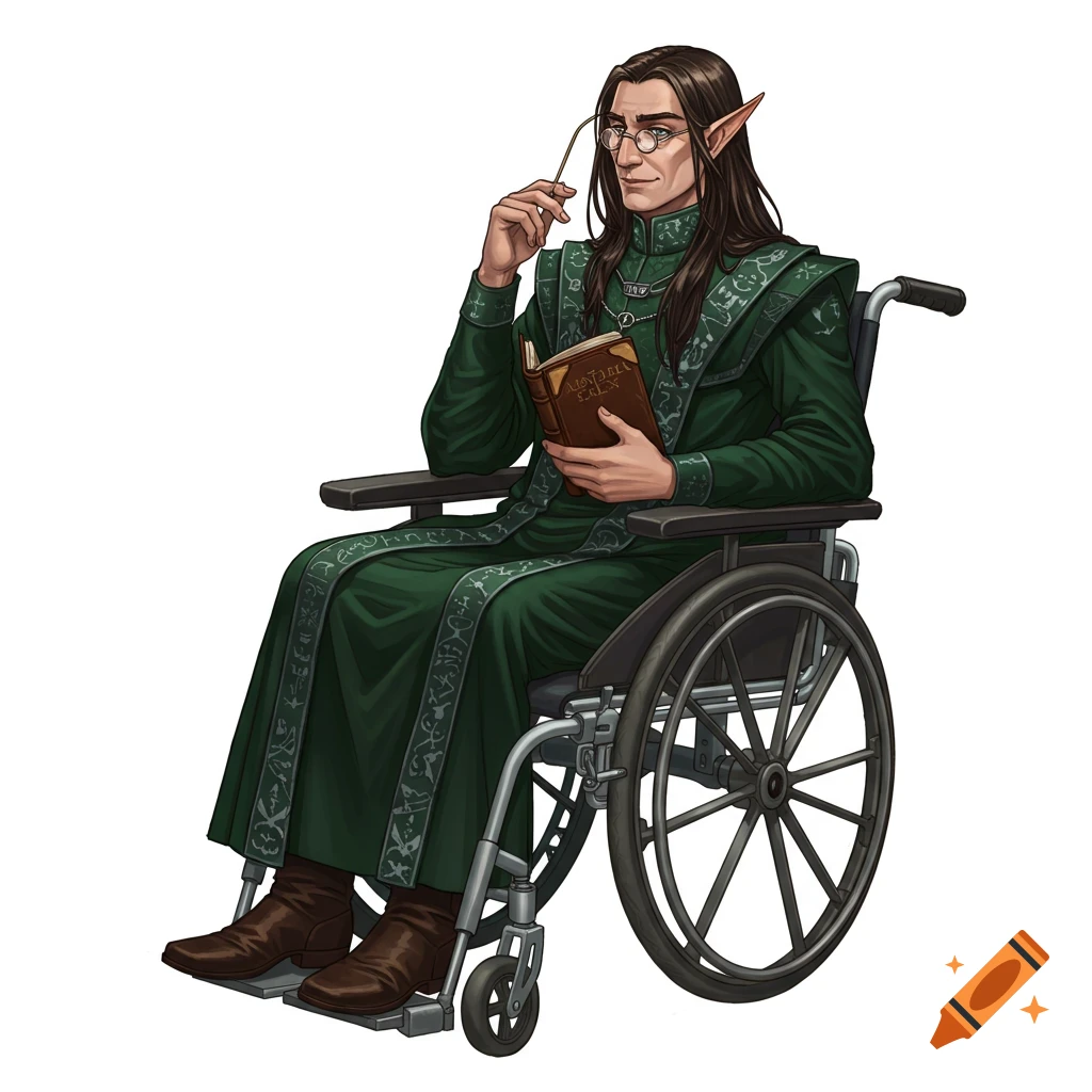 A depiction of an elf professor in a wheelchair reading a book
