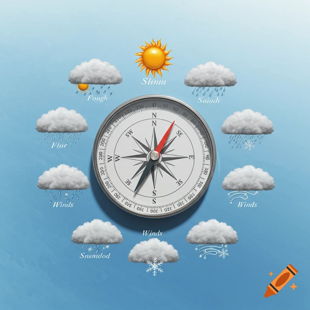 A compass surrounded by icons for sun, clouds, rain, snow, wind, and fog.