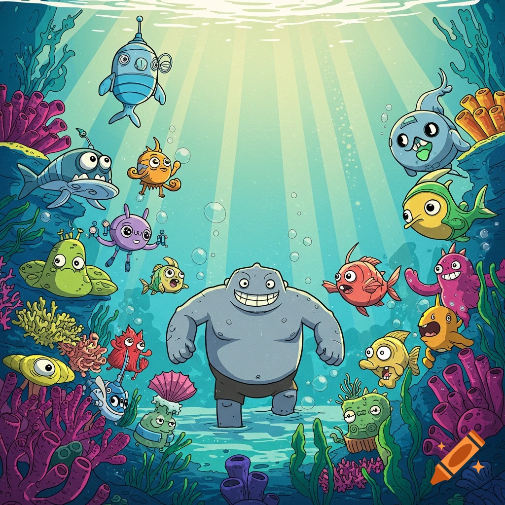 A cartoon underwater scene with a large grey creature standing among many colorful fish, coral, and seaweed.