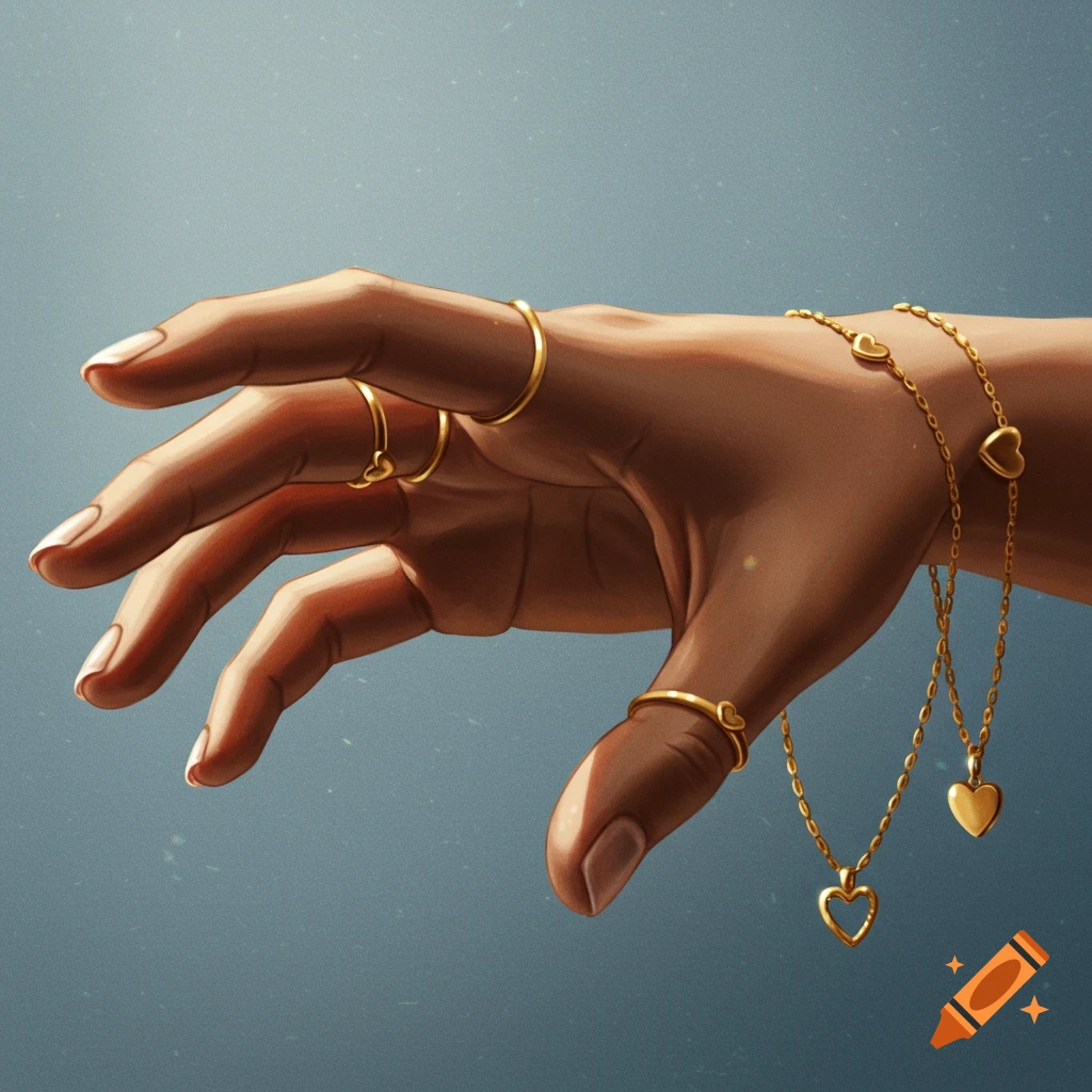 A hand adorned with intricate gold rings and a delicate gold bracelet featuring heart-shaped links.