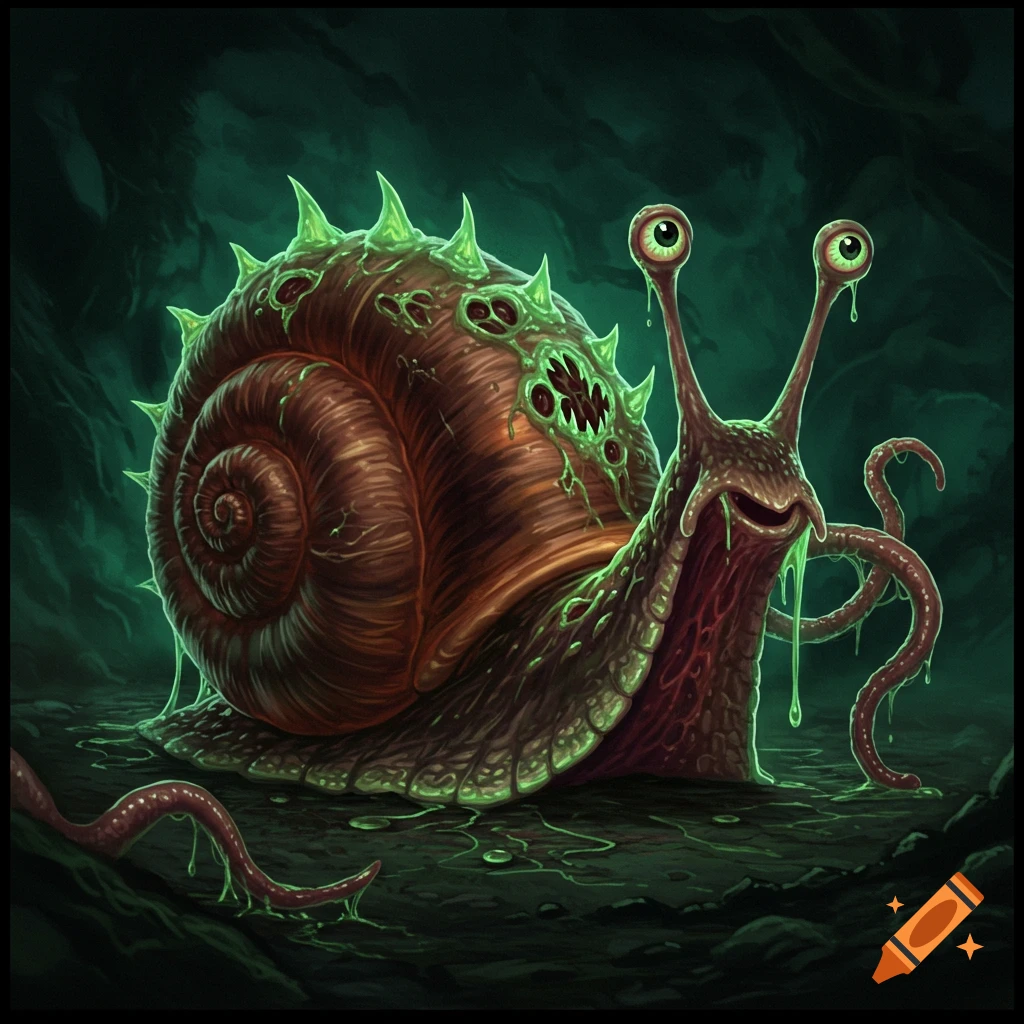 A monstrous snail with tentacles, spikes, and dripping slime in a dark environment.