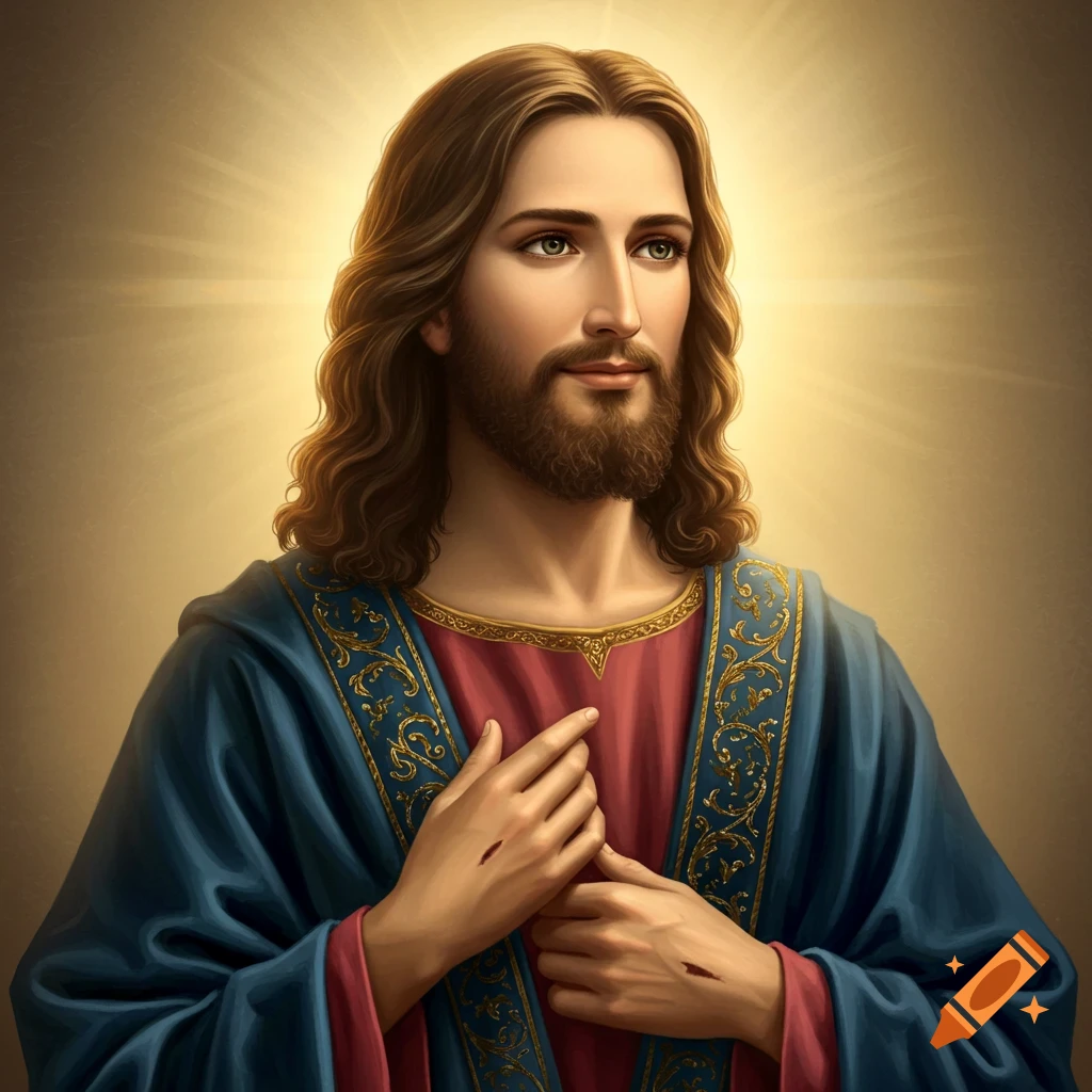 Jesus with long hair and beard, wearing a blue robe, hands crossed, with stigmata.