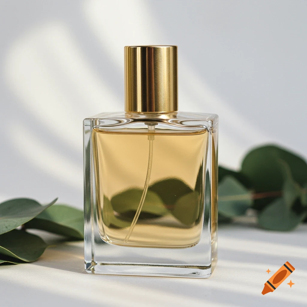 A square glass perfume bottle with a gold cap sits on a white surface next to eucalyptus leaves, lit by sunlight.