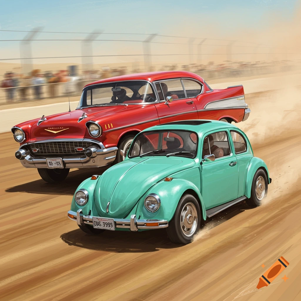 A red 1957 Chevrolet Bel Air races a green Volkswagen Beetle on a dirt track.