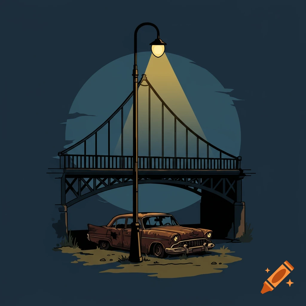 A rusty car parked under a bridge at night, lit by a streetlamp, in a vector graphic style.