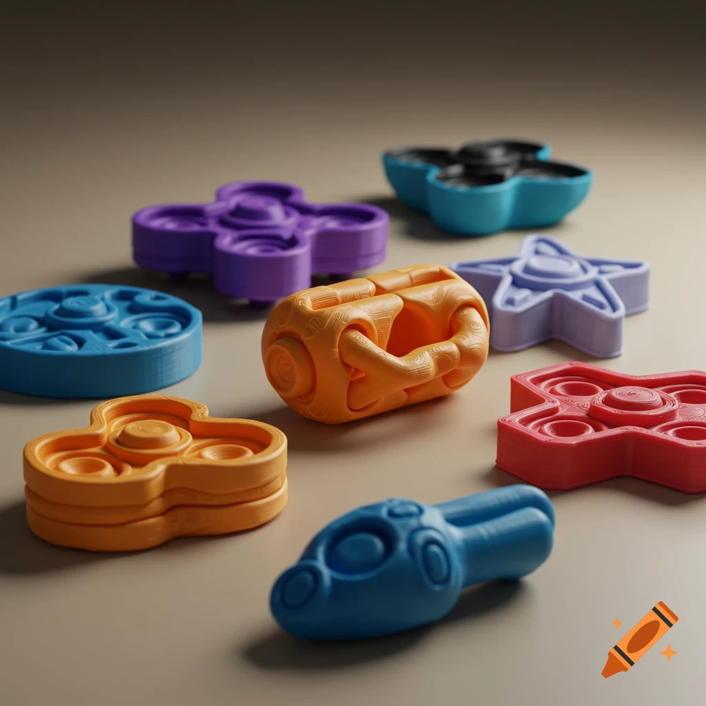 Colorful 3D printed fidget toys.