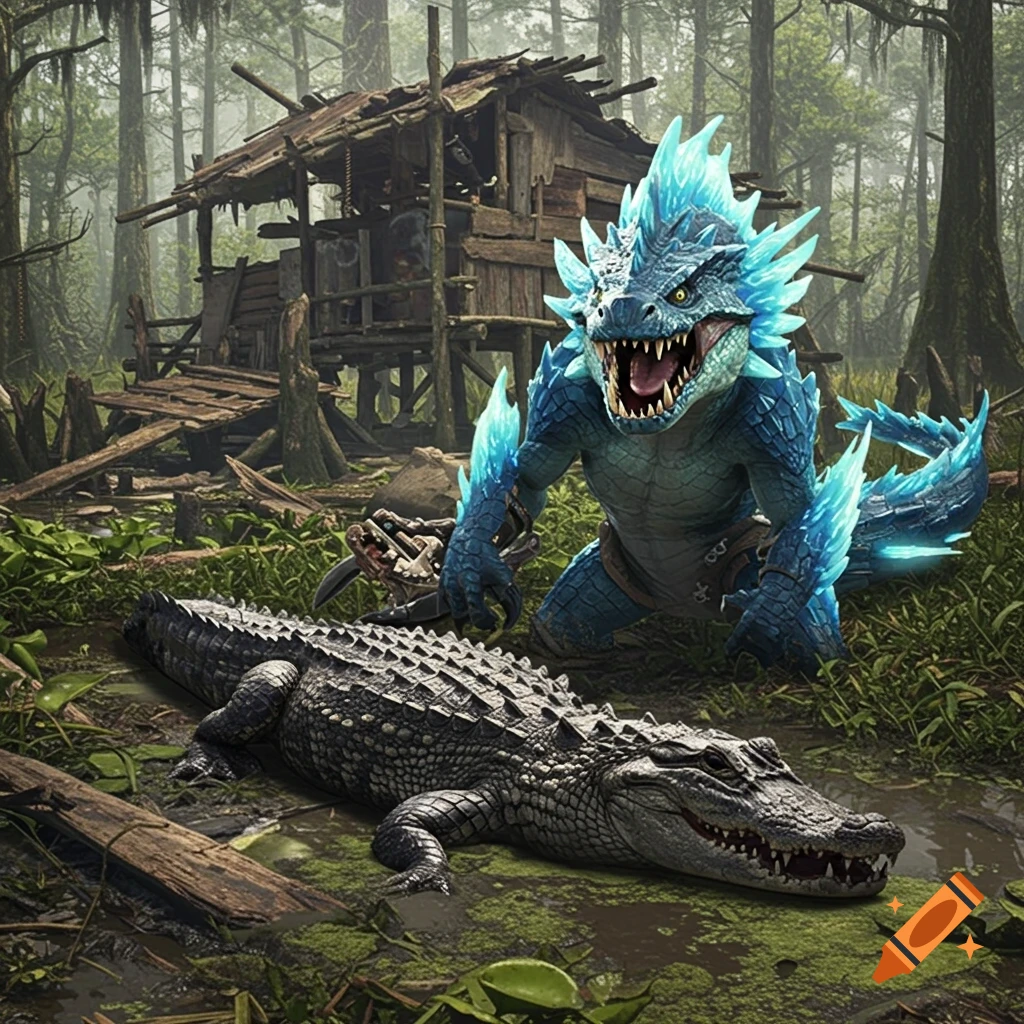 A large blue fantasy monster confronts an alligator in a swamp with a rustic hut.