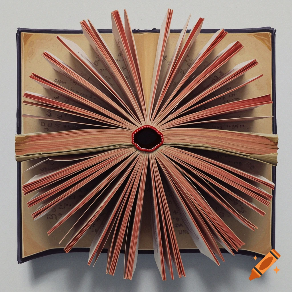 A book with its pages fanned out like a flower, showing faint text.