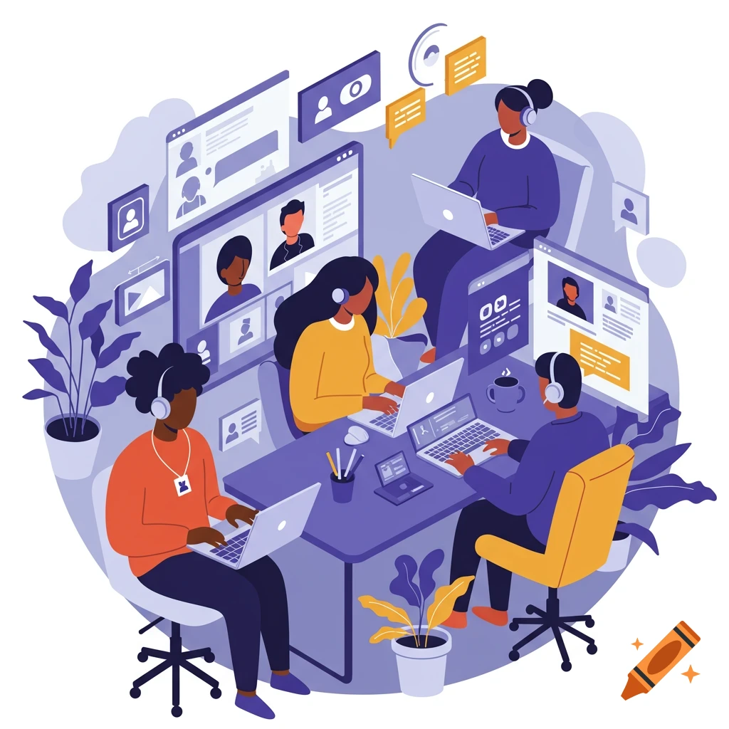 Stylized illustration of diverse people working remotely on laptops, interacting via video calls and chat messages.