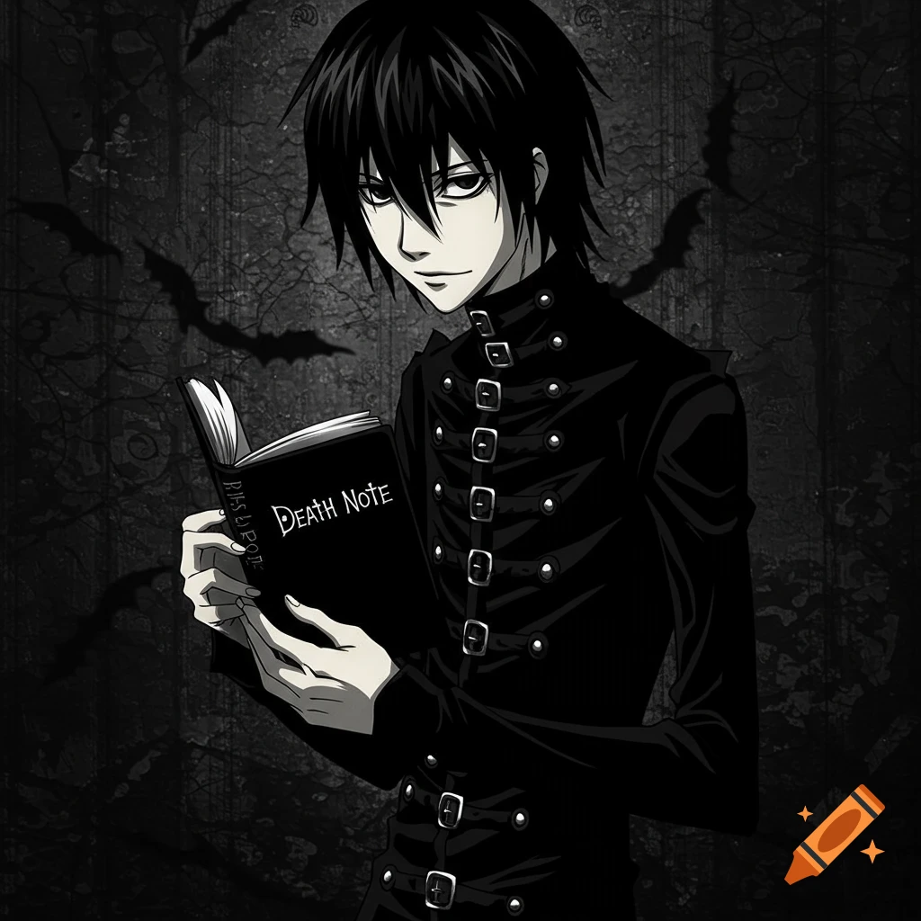 Anime character in a black outfit holding a book titled Death Note, bats in background.