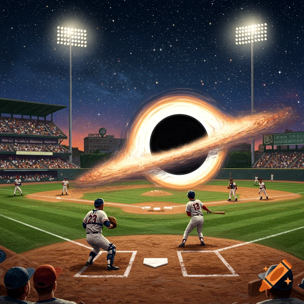 A baseball game at night with a black hole above the batter's box.