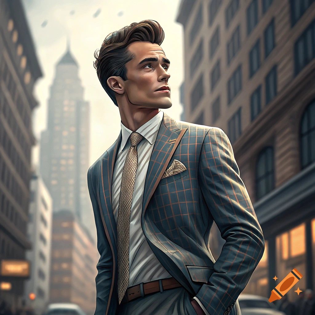 Stylish man in a checkered suit standing on a city street looking up.