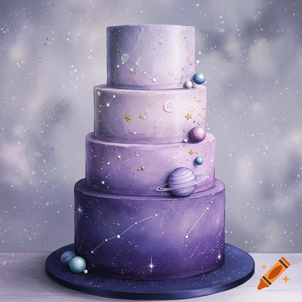 A tiered wedding cake with celestial decorations of constellations, stars, and planets, in ethereal purple ombre shades.