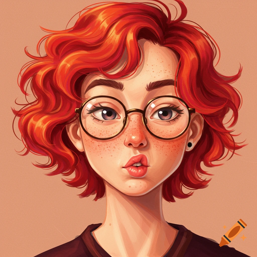 Portrait of a young person with short red wavy hair, freckles, glasses, and pouty lips.