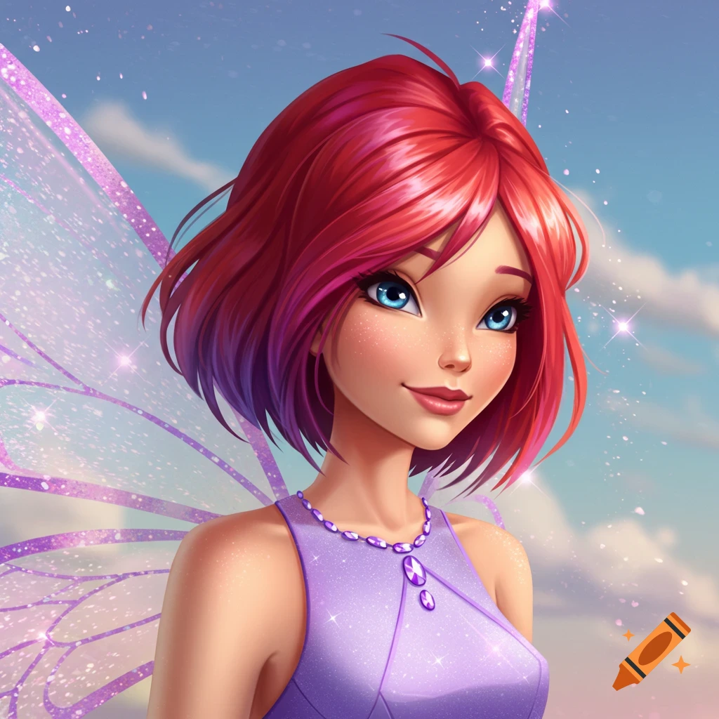 3D rendering of Princess Bubblegum smiling, pink hair and dress, cloudy ...