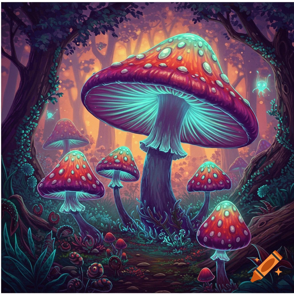Glowing fantasy mushrooms in a forest