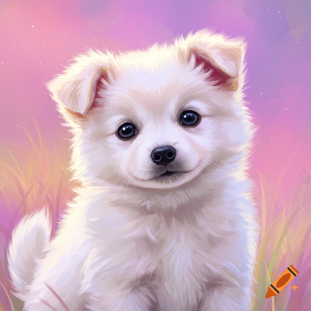 A white puppy sits in tall grass against a pink and purple background.
